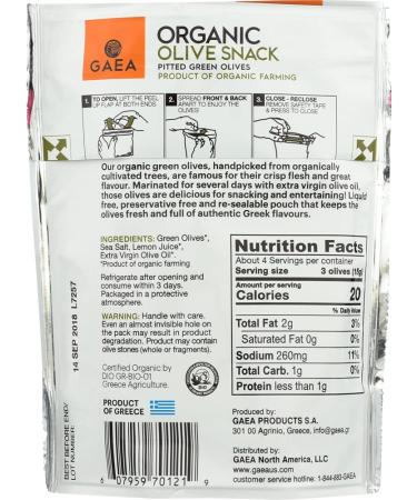 Gaea Organic Snack Pack Pitted Green Olives with Sea Salt and Lemon Juice - 2.3 oz (Pack of 8) â¦ - Buy Online on SooperMarket.com