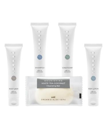 Infuse White Tea and Coconut Hotel Soaps and Toiletries Bulk Set | Kit for Hotels | 1oz Shampoo & Conditioner  Body Wash  Lotion & 1.25oz Bar Soap | Travel Size Toiletries 75 Pieces