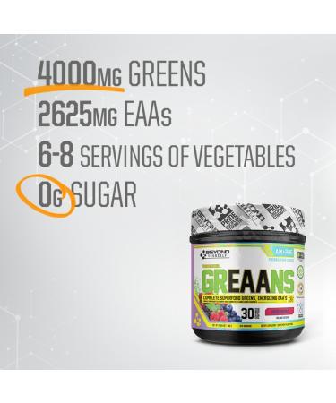 Beyond Yourself - GrEAAns Superfood Greens and EAA Blend | 4000mg Organic Superfood 2625mg Vegan EAAs | Sugar-Free Zero Calories No Synthetic Additives | Optimizes Health Performance and Recovery | Mixed Berry - Buy Online on SooperMarket.com