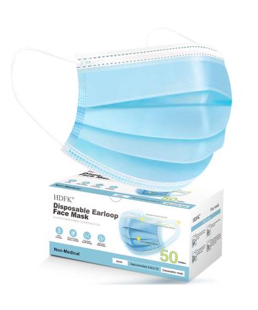 Face Mask Disposable Adults 3Ply Non-Woven with Nose Clip Ear Loop Blue 50Pack