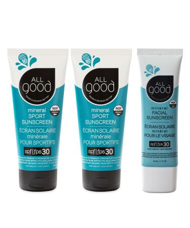 All Good Sport Mineral Sunscreen & Facial Sunscreen Bundle - UVA/UVB Broad Spectrum SPF 30+  Water Resistant - Includes (2) SPF 30 Sport Sunscreen and (1) SPF 30 Facial Sunscreen