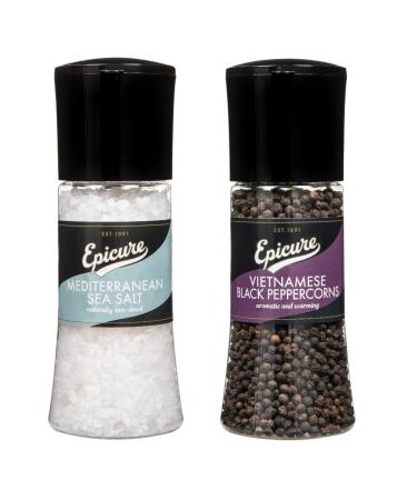 Epicure Mediterranean Sea Salt 270 g & Epicure Vietnamese Black Peppercorns 145 g Freshly Ground Seasoning Grinders
