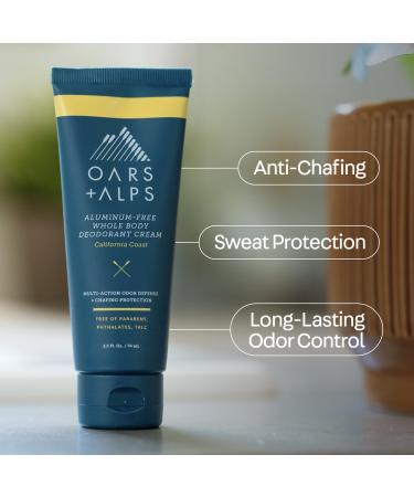 Oars + Alps Whole Body Deodorant Cream For Men - Multi-Action Odor Defense - Aluminum Free Baking Soda Free Anti-Chafe - 2.5 Ounce Tube - California Coast - Buy Online on SooperMarket.com