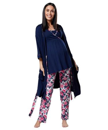 HAPPY MAMA Women's Maternity Nursing 3pcs Nightwear Set: Pants - Top - Robe 558p 8 Navy and Ecru With Flowers
