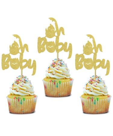 24 Pcs Oh Baby Gender Reveal Cupcake Toppers Yellow Chick Baby Shower Party Birthday Party Cake Decoration Dessert Insert MGPFERD