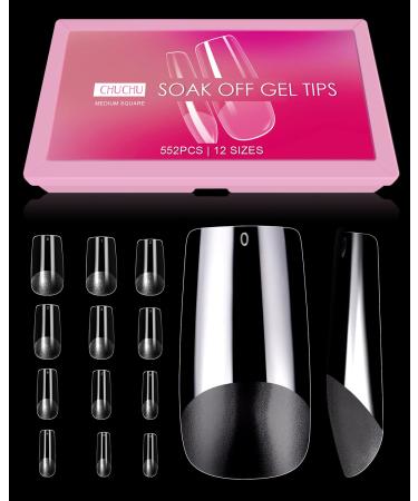 CHUCHU Soft Soak off Gel Tips 552Pcs PMMA Soft Nail Tips Medium Square Clear False Nails Tips for Full Cover Acrylic Nails for Nail Salons and DIY Nail Art 12 Sizes