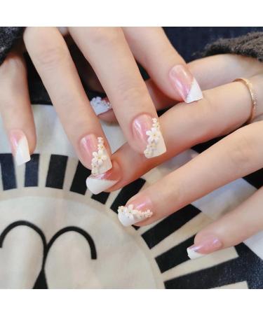 Splicing Flower French Press on Nails with Sequins Charms - Fake Nails for Women | Full Cover Coffin Spring Summer - Buy Online on SooperMarket.com