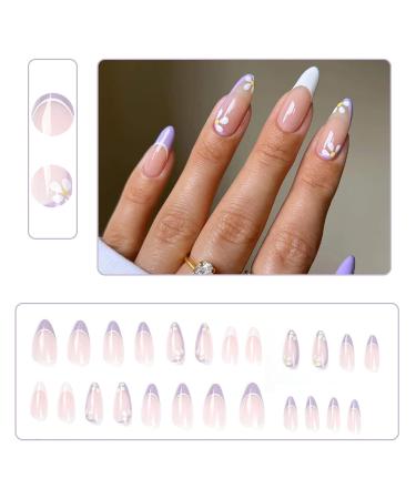 Luvadeyo 24 PCs Press On Nails - Medium Almond Fake Nails with Glue Purple Flower Designs for Women & Girls - Buy Online on SooperMarket.com