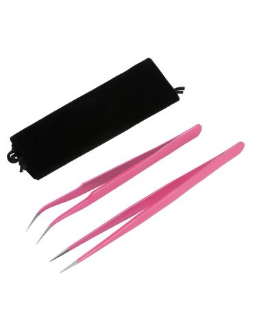 Quesuc 2 Pieces Straight and Curved Tip Tweezers Nipper for Eyelash Extensions Pink Stainless Steel False Lash Application Tools