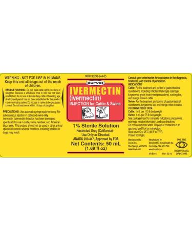 Durvet Ivermectin Injectable 50 mL - Powerful Parasite Control in Livestock | 50ML - Buy Online on SooperMarket.com