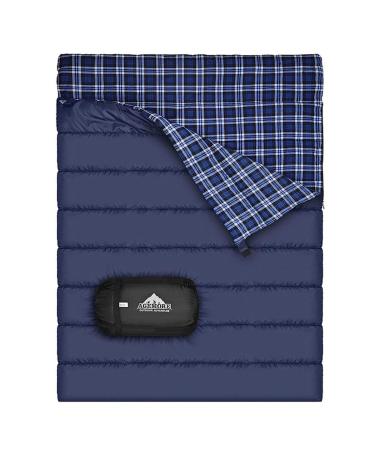Cotton Flannel Double Sleeping Bag for Camping, Backpacking, Or Hiking. Queen Size 2 Person Waterproof Sleeping Bag for Adults Or Teens. Truck, Tent, Or Sleeping Pad, Lightweight(Pillows NOT Include) Blue/ Blue