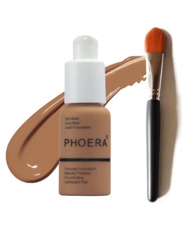 Glamza PHOERA Foundation Concealer Makeup Full Coverage Matte Brighten Long Lasting UK + Professional Flat Face Foundation Brush (109 MOCHA)