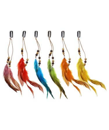 6Pcs Feather Hair Extensions with Clip Comb Handmade Feather Extension Hair Decoration Costume Hair Accessories for Women Girls Lady