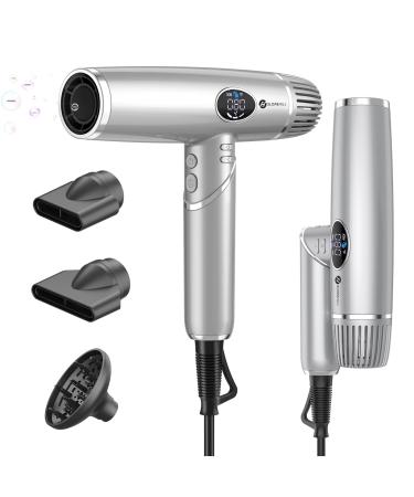 Hair Dryer slopehill Professional Foldable Blow Dryer Ionic Hairdryer High-Speed Blowdryer for Fast Drying Portable Compact for Travel Magnetic Diffuser & Nozzle LCD Display Silver