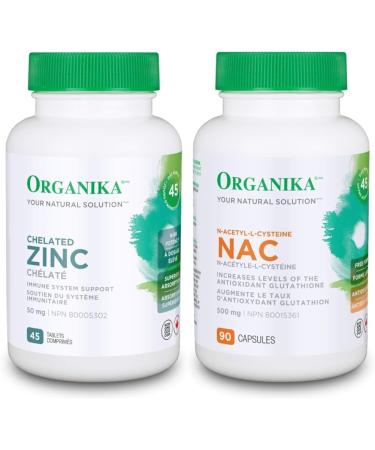 Organika Chelated Zinc 45 Tabs & NAC (N-Acetyl-L-Cysteine) 500mg- Supports Antioxidant Glutathione Levels Immune System Support Liver and Detox Support- 90 caps SUPPLEMENT + SUPPLEMENT 620365012953