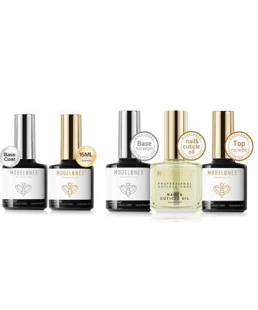 modelones 5Pcs 15ml No wipe Gel Base and Top Coat with Cuticle Oil Set