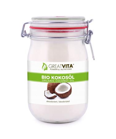 GreatVita Coconut Oil tasteless (deodorized) 1000 ml in a swing top jar for cooking frying baking Coconut Oil 1 l (1 pack)