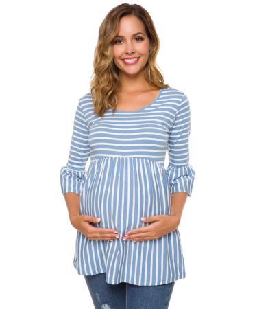 Love2Mi Women Maternity Blouse A Line Pregnancy Shirt 3/4 Bell-Sleeve Striped Maternity Clothes L Sky Blue Stripe
