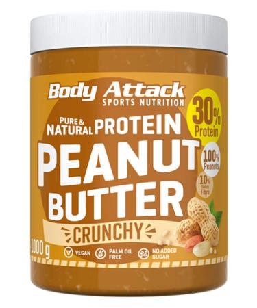 Body attack protein peanut butter 1kg crunchy vegan natural peanut butter without salt & palm fat - low sugar peanut with 30% protein crunchy 1 kg (1 Pack)