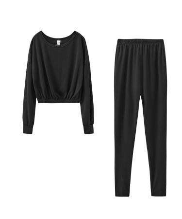 Maqroz Women Solid Lounge Set 2 Piece Long Sleeve Crewneck Sweatshirt Eleastic Hem and Long Pants Casual Sweatsuits Set Black Small