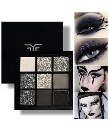 GL-Turelifes 9 Colors Matte&Pearl Black Eyeshadow Palette Smoky Eye Shadow Makeup Silver Glitter Grey Eyeshadow with Mirror Waterproof Sweat-proof Long Lasting Eye Shadows (Black)