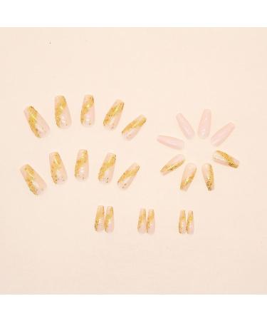 MISUD 24pcs Long Coffin Press on Nails - Bling Gold Glitter & Elegant Nude Pink Gel False Nails with Design - Buy Online on SooperMarket.com
