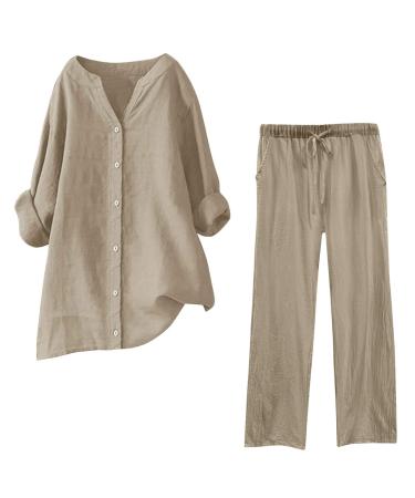 WILLBEST Womens Two Piece Outfit Cotton Linen Crop Tank Tops & Shorts Matching Lounge Set Sweatsuits 50-sukrn-khaki-f 5XL