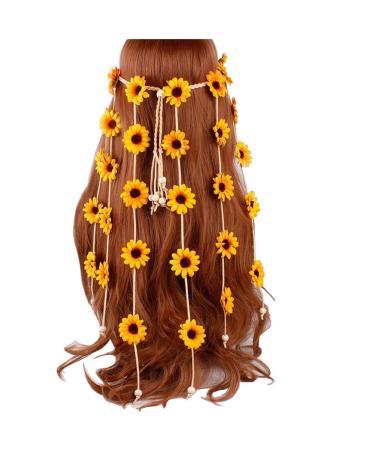 SYBL Flower Headband Sunflower Headdress Adjustable Hippie Hairband Bohemia Floral Crown Headwear Headpiece for Women Lady Girls(Yellow)