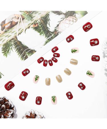 Brishow Christmas False Nails - Snow Press on Nails with Christmas Tree & Antler Design - Short Red Fake Nails for Women and Girls (24pcs) - Buy Online on SooperMarket.com