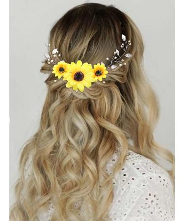 GORAIS Sunflower Bride Wedding Hair Vine Silver Pearl Bridal Hair Piece Leaf Headpiece Hair Accessories for Bride and Bridesmaids