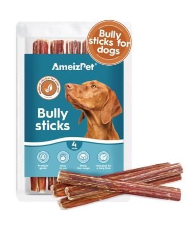 AmeizPet Bully Pizzle Stick For Dogs & Puppies 4 Pcs Long Lasting Dog Beef Meat Sticks Natural Dental Bully Sticks Dog Chew Treats For Training 12cm (4.7") 4 count (Pack of 1)