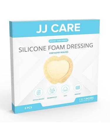 JJ CARE Silicone Foam Dressing [Pack of 5], 7x7 Sacrum Silicone Foam Dressing with Border, Absorbent Bandages with Showerproof Adhesive