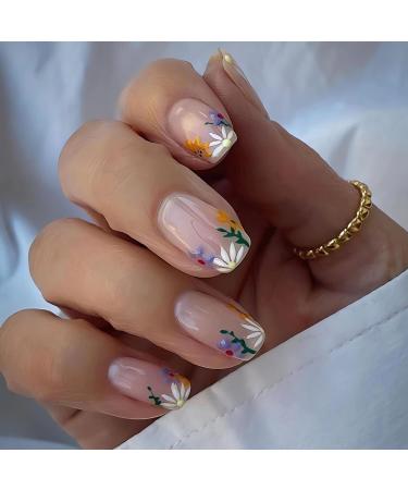 Short Fake Nails Square Press on Nails Nude Glossy Flower False Nails with Designs Acrylic Artificial Full Cover Glue on Nails Stick on Nails for Women Girls Manicure Art 24Pcs style1