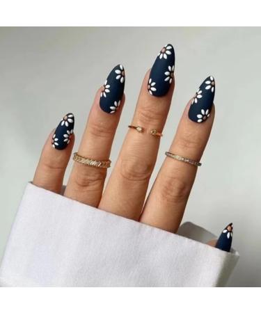 RUNRAYAY Black Press on Nails Medium with Daisy Design Fack Nails for Women Girls Nude Nails Press on Full Cover Nails Tips for Spring Summer Salon Nail