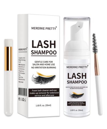 Eyelash Extension Shampoo 50 ml + Brush - Eyelid Foaming Cleanser - Sensitive Paraben & Sulfate Free - Eyelash Wash and Lash Bath for Extensions - Salon Use and Home Care 3 Piece Set