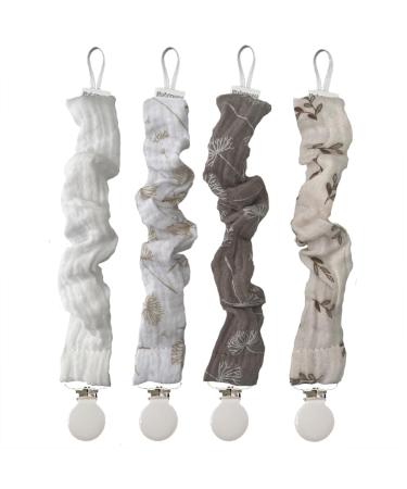 Mimuselina 4 -pack pacifier chain with a metal clip for babies - pacifier strap for hanging out of snipper - pacifier clip made of fabric (neutro)