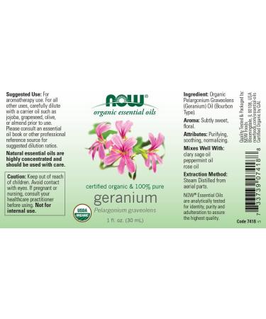 Now Foods Organic Geranium Essential Oil 1 fl oz (30 ml) - Pure & Natural Aromatherapy - Buy Online on SooperMarket.com