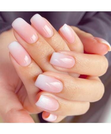 GORS Press on Nails Medium - French Ombre Acrylic Fake Nails Square Glue On Nails with Nail Jelly Glue Acrylic Artificial Nails Reusable Fitted False Nails 24 Pcs/set