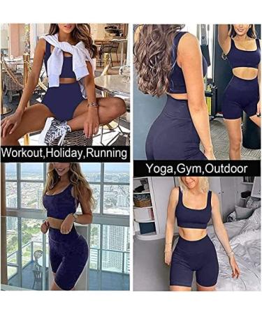 TWFRHC Women's Ribbed Tank Seamless 2-Piece Workout Set | High Waist Gym Outfit Yoga Shorts | Navy Blue, Large - Buy Online on SooperMarket.com