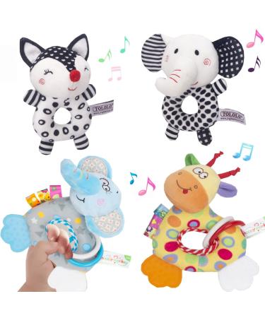 Baby Rattles and Plush Rings Teething Toys for Newborn Babies 0-6 Months  Elephant Baby Rattle Toys with Teether 6 to 12 Months  Newborn Gifts for Baby Girls Boys(4PCS)