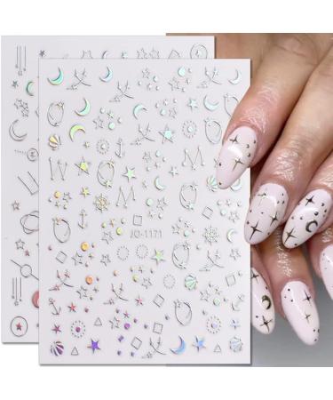 Dornail Aurora Silver Star Moon Planet 3D Holographic Nail Stickers - 6 Sheets | Self-Adhesive DIY Nail Art Decals - Buy Online on SooperMarket.com