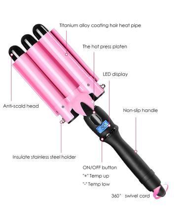 Professional 3 Barrel Curling Iron Hair Waver - 1 Inch Ceramic Curler with LCD Display (Pink) | Perfect for Gorgeous Waves | International Shipping Available - Buy Online on SooperMarket.com