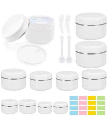 10 Pcs Cosmetic Sample Jars 10/20/30/50/100ml Plastic Refillable Travel Pots for Toiletries Empty Cosmetic Container Pots with Mini Spatulas Spoon and Labels for Makeup Beauty Nails