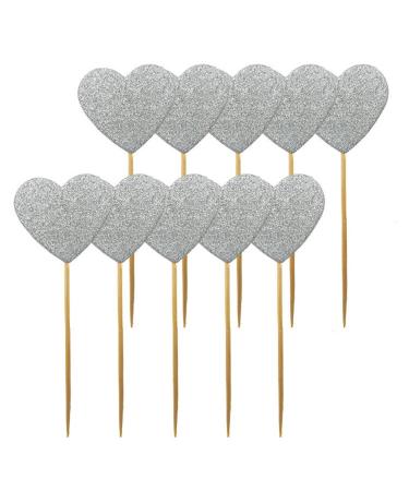 50 Pieces Cupcake Toppers Glitter Cupcake Toppers Glitter Heart Cupcake Toppers Birthday Cake Decoration for Birthday Party Wedding Baby Shower Supplies Silver