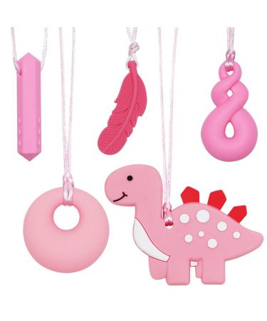 Chew Necklace for Sensory Kids Girls 5 Pack Chewy Necklace Sensory Chew Toys for Autistic Children or Adults with ADHD SPD Anxiety Silicone Pink Dinosaur Stim Toy - BPA Free