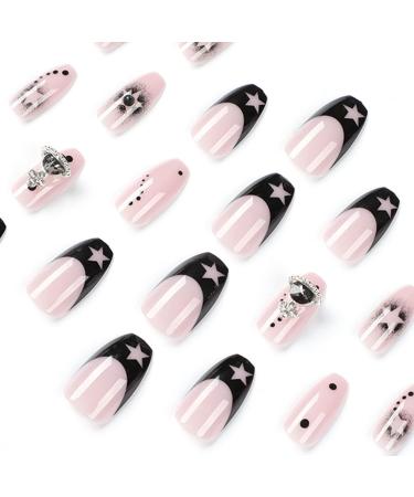 MISUD Coffin Press on Nails - Medium Ballerina Fake Nails with Black French Tip & 3D Rhinestone Star - 24 pcs - Buy Online on SooperMarket.com