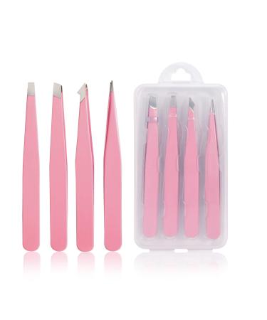 Tirdkid Tweezers Set 4-piece, Professional Stainless Steel Tweezers, Precision Tweezers for Eyebrows, Facial Hair, Ingrown Hair, Splinter, Blackhead and Tick Remover (PINK)