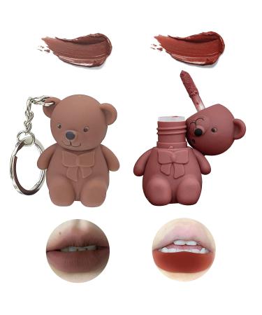 2 in 1 Key Chain Bear Lipstick Mist Matte Velvet Lipstick Waterproof Long Lasting Lip Gloss Cute Bear Beauty Makeup (02+05)