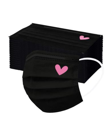 50Pcs Black Disposable Face_Mask with Designs for Women Men Adults, Cute Heart Printed Paper Face_mask for Mouth Protection (F)
