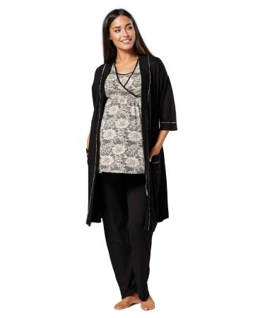 HAPPY MAMA Women's Maternity Nursing 3pcs Nightwear Set: Pants - Top - Robe 558p 8 Beige Flowers & Black